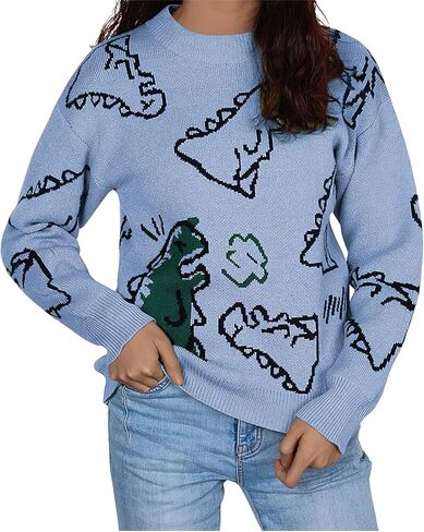 ebossy Women's Cute Dinosaur Knitted Jumper Aesthetic Crewneck Long Sleeve Cropped Pullover Sweater Top in Saudi Arabia