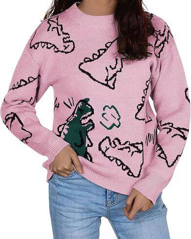 ebossy Women's Cute Dinosaur Knitted Jumper Aesthetic Crewneck Long Sleeve Cropped Pullover Sweater Top in Saudi Arabia