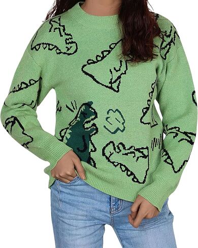 ebossy Women's Cute Dinosaur Knitted Jumper Aesthetic Crewneck Long Sleeve Cropped Pullover Sweater Top in Saudi Arabia