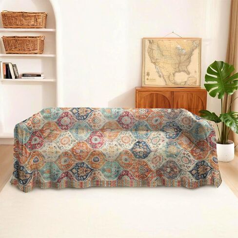 غطاء أريكة تعريشة مغربية أغطية أريكة عتيقة لـ 3 وسائد، قطعة واحدة من أغطية أريكة الفوتون المكسيكية الملونة من تالافيرا بوهو قابلة للغسل، واقي أثاث غرفة المعيشة، مقاس X-Large 71 بوصة × 134 بوصة in Kuwait