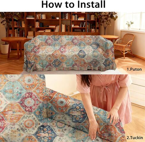 غطاء أريكة تعريشة مغربية أغطية أريكة عتيقة لـ 3 وسائد، قطعة واحدة من أغطية أريكة الفوتون المكسيكية الملونة من تالافيرا بوهو قابلة للغسل، واقي أثاث غرفة المعيشة، مقاس X-Large 71 بوصة × 134 بوصة in Kuwait