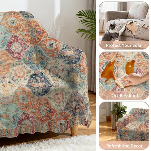 غطاء أريكة تعريشة مغربية أغطية أريكة عتيقة لـ 3 وسائد، قطعة واحدة من أغطية أريكة الفوتون المكسيكية الملونة من تالافيرا بوهو قابلة للغسل، واقي أثاث غرفة المعيشة، مقاس X-Large 71 بوصة × 134 بوصة in Kuwait