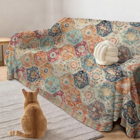 غطاء أريكة تعريشة مغربية أغطية أريكة عتيقة لـ 3 وسائد، قطعة واحدة من أغطية أريكة الفوتون المكسيكية الملونة من تالافيرا بوهو قابلة للغسل، واقي أثاث غرفة المعيشة، مقاس X-Large 71 بوصة × 134 بوصة in Kuwait