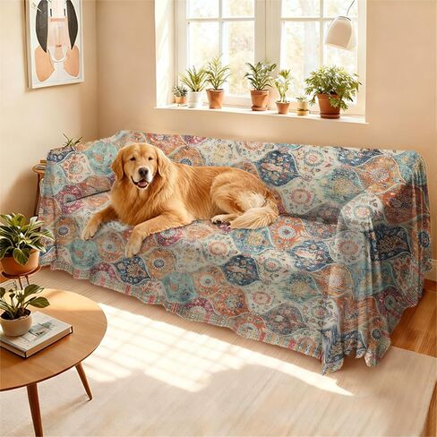 غطاء أريكة تعريشة مغربية أغطية أريكة عتيقة لـ 3 وسائد، قطعة واحدة من أغطية أريكة الفوتون المكسيكية الملونة من تالافيرا بوهو قابلة للغسل، واقي أثاث غرفة المعيشة، مقاس X-Large 71 بوصة × 134 بوصة in Kuwait