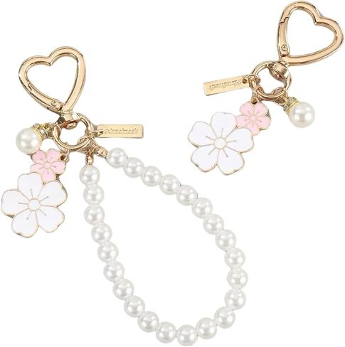 2 PCS Pink White Pearl Cute Coquette Wristlet Keychain for Women, Adorable Flowers Beaded Car Key Chain Charms for Women Girls Purse Bags Backpack Accessories in Kuwait