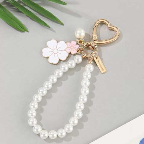 2 PCS Pink White Pearl Cute Coquette Wristlet Keychain for Women, Adorable Flowers Beaded Car Key Chain Charms for Women Girls Purse Bags Backpack Accessories in Kuwait