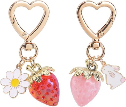 2 قطعة سلاسل المفاتيح الفراولة لطيف، Kawaii القلب أرنب ديزي زهرة Keyrings الفاكهة مفتاح سلسلة محفظة حقيبة سحر الملحقات الديكورات الهدايا للنساء in Saudi Arabia