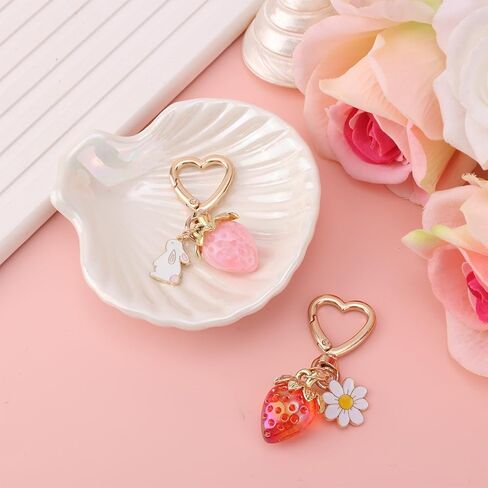 2 قطعة سلاسل المفاتيح الفراولة لطيف، Kawaii القلب أرنب ديزي زهرة Keyrings الفاكهة مفتاح سلسلة محفظة حقيبة سحر الملحقات الديكورات الهدايا للنساء in Saudi Arabia