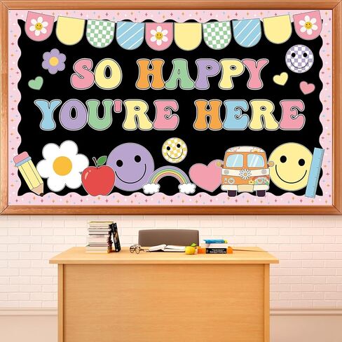 Retro Smile Face Bulletin Board Set So Happy You are Here Groovy Bulletin Board Decor Paper Face Daisy Back to School Paper Cutouts for Classroom Preschool Kindergarten Decor Teacher Supplies in Saudi Arabia