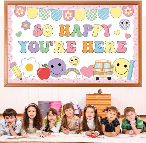 Retro Smile Face Bulletin Board Set So Happy You are Here Groovy Bulletin Board Decor Paper Face Daisy Back to School Paper Cutouts for Classroom Preschool Kindergarten Decor Teacher Supplies in Saudi Arabia