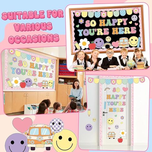 Retro Smile Face Bulletin Board Set So Happy You are Here Groovy Bulletin Board Decor Paper Face Daisy Back to School Paper Cutouts for Classroom Preschool Kindergarten Decor Teacher Supplies in Saudi Arabia