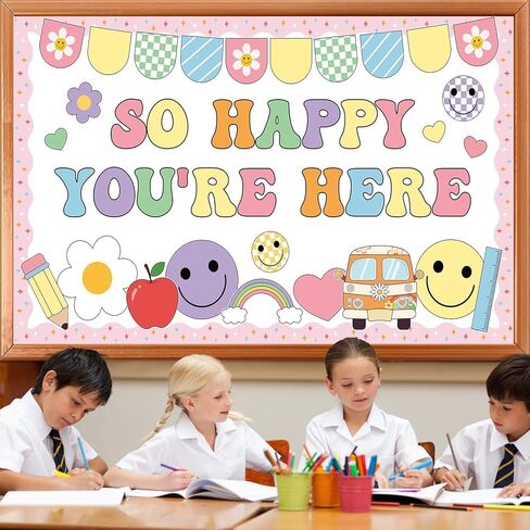 Retro Smile Face Bulletin Board Set So Happy You are Here Groovy Bulletin Board Decor Paper Face Daisy Back to School Paper Cutouts for Classroom Preschool Kindergarten Decor Teacher Supplies in Saudi Arabia