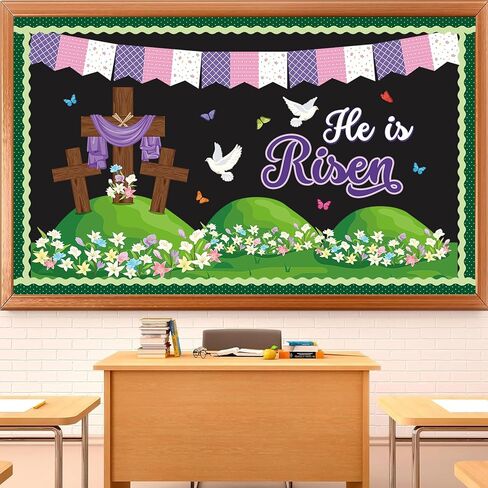 43 Pcs Easter Bulletin Board Decorations Set He Is Risen Easter Decor Cross Floral Paper Cutouts Religious Bulletin Boards Spring Classroom Decoration for Christian Sunday Home Church School Wall Door in Kuwait
