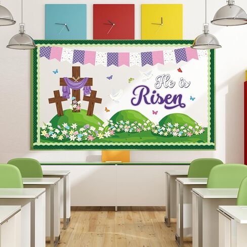 43 Pcs Easter Bulletin Board Decorations Set He Is Risen Easter Decor Cross Floral Paper Cutouts Religious Bulletin Boards Spring Classroom Decoration for Christian Sunday Home Church School Wall Door in Kuwait