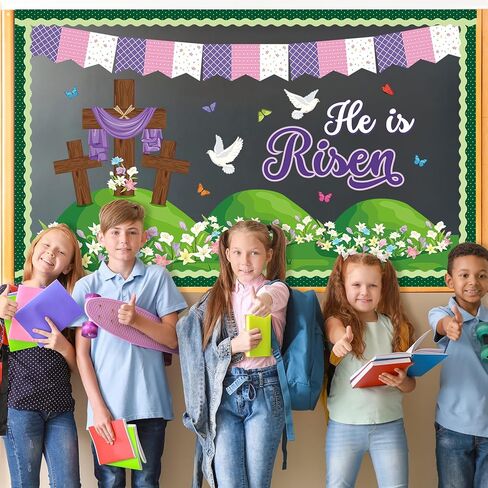 43 Pcs Easter Bulletin Board Decorations Set He Is Risen Easter Decor Cross Floral Paper Cutouts Religious Bulletin Boards Spring Classroom Decoration for Christian Sunday Home Church School Wall Door in Kuwait