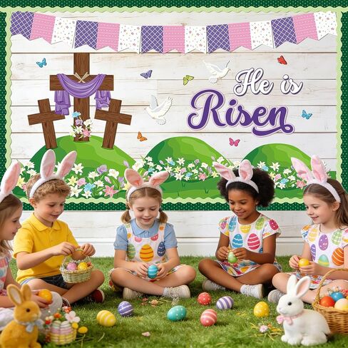 43 Pcs Easter Bulletin Board Decorations Set He Is Risen Easter Decor Cross Floral Paper Cutouts Religious Bulletin Boards Spring Classroom Decoration for Christian Sunday Home Church School Wall Door in Kuwait