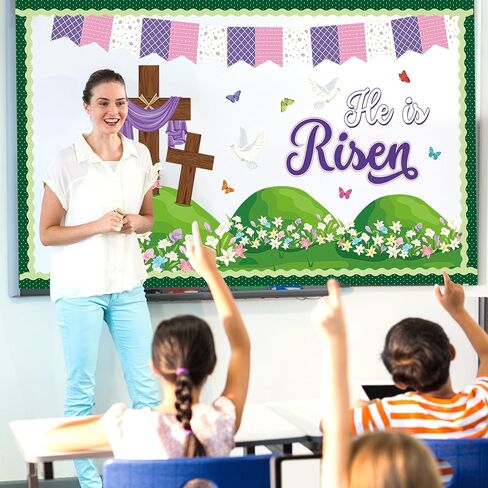 43 Pcs Easter Bulletin Board Decorations Set He Is Risen Easter Decor Cross Floral Paper Cutouts Religious Bulletin Boards Spring Classroom Decoration for Christian Sunday Home Church School Wall Door in Kuwait