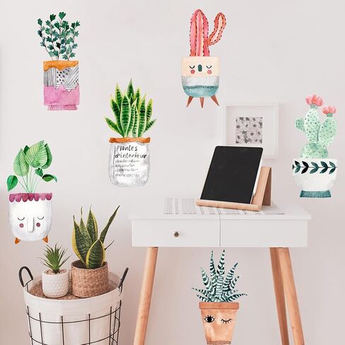 6 Sheets Cute Cactus Potted Plants Wall Decals Colorful Succulent Wall Stickers Vinyl Wall Decor for Bedroom Living Room Playroom Nursery in Saudi Arabia