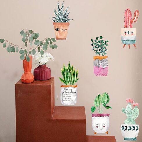 6 Sheets Cute Cactus Potted Plants Wall Decals Colorful Succulent Wall Stickers Vinyl Wall Decor for Bedroom Living Room Playroom Nursery in Saudi Arabia