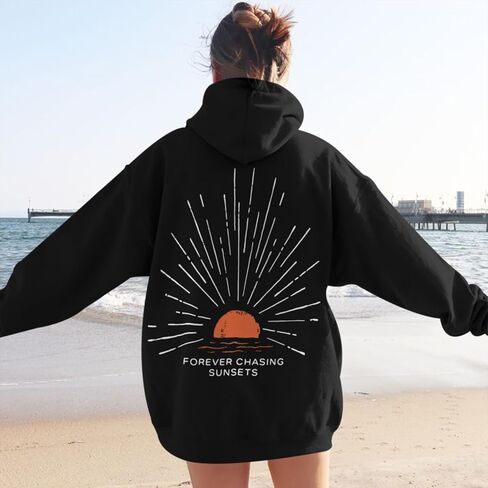 رسم غروب الشمس للنساء، سترة بغطاء للرأس بتصميم غروب الشمس Beachy Y2k، للعطلات الجمالية للشاطئ، سترة فضفاضة بقلنسوة in Kuwait