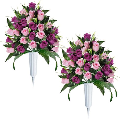 ICX Cemetery Flowers for Grave with Vase, 2 Sets of Memorial Day Flowers for Cemetery, Grave Blossoms with Roses, Lilies, Beautiful Arrangements Bouquet for Decorations (Pink in Kuwait