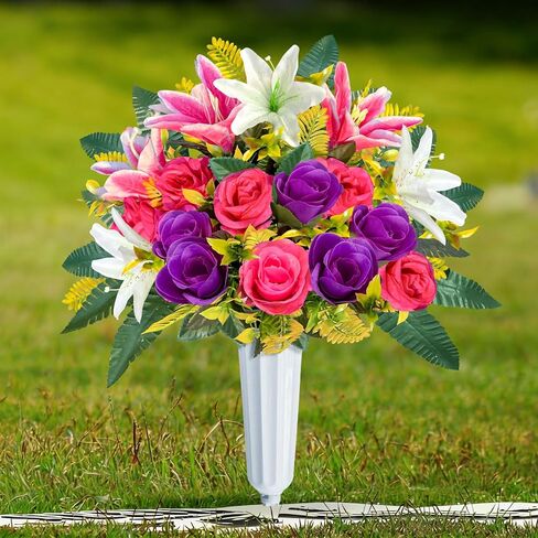 ICX Cemetery Flowers for Grave with Vase, 2 Sets of Memorial Day Flowers for Cemetery, Grave Blossoms with Roses, Lilies, Beautiful Arrangements Bouquet for Decorations (Pink in Kuwait