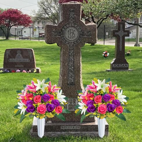ICX Cemetery Flowers for Grave with Vase, 2 Sets of Memorial Day Flowers for Cemetery, Grave Blossoms with Roses, Lilies, Beautiful Arrangements Bouquet for Decorations (Pink in Kuwait