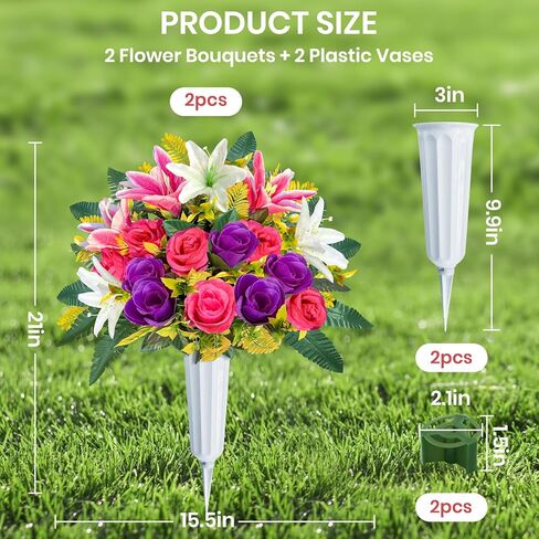 ICX Cemetery Flowers for Grave with Vase, 2 Sets of Memorial Day Flowers for Cemetery, Grave Blossoms with Roses, Lilies, Beautiful Arrangements Bouquet for Decorations (Pink in Kuwait