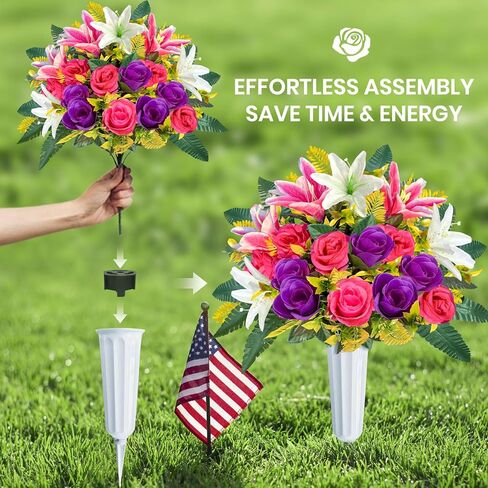 ICX Cemetery Flowers for Grave with Vase, 2 Sets of Memorial Day Flowers for Cemetery, Grave Blossoms with Roses, Lilies, Beautiful Arrangements Bouquet for Decorations (Pink in Kuwait
