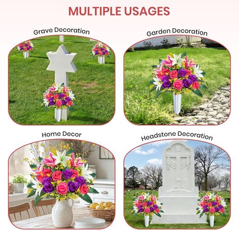 ICX Cemetery Flowers for Grave with Vase, 2 Sets of Memorial Day Flowers for Cemetery, Grave Blossoms with Roses, Lilies, Beautiful Arrangements Bouquet for Decorations (Pink in Kuwait