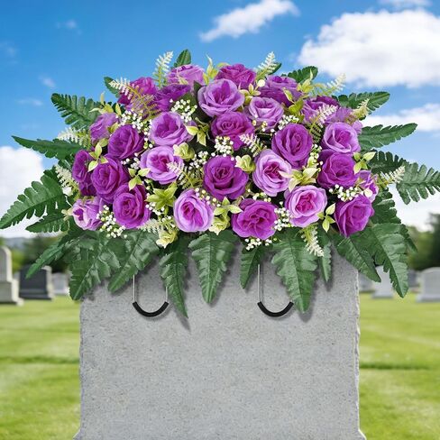 ICX Cemetery Flowers for Grave with Vase, 2 Sets of Memorial Day Flowers for Cemetery, Grave Blossoms with Roses, Lilies, Beautiful Arrangements Bouquet for Decorations (Pink in Kuwait