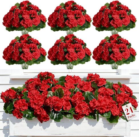 Alupssuc 8Pcs Artificial Geranium Flowers for Outdoors Decoration Silk Floral, UV Resistant Fake Plants, Faux Flower for Porch Garden Table Centerpieces Home Indoor Outside Spring Decor(8, Red) in Kuwait