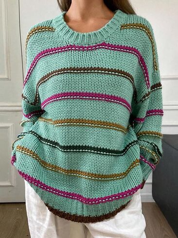 Women's Striped Sweater Crew Neck Long Sleeve Oversized Knitted Pullover Jumper Tops in Saudi Arabia