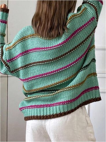 Women's Striped Sweater Crew Neck Long Sleeve Oversized Knitted Pullover Jumper Tops in Saudi Arabia