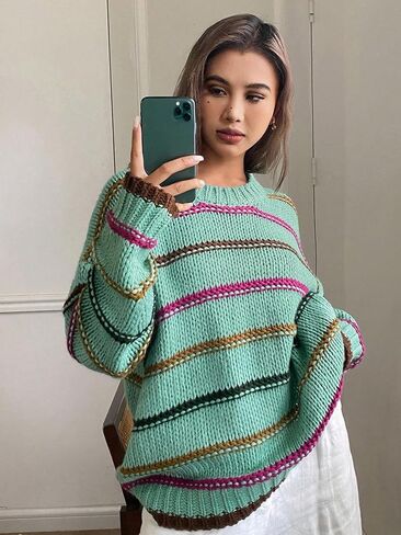 Women's Striped Sweater Crew Neck Long Sleeve Oversized Knitted Pullover Jumper Tops in Saudi Arabia