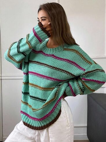 Women's Striped Sweater Crew Neck Long Sleeve Oversized Knitted Pullover Jumper Tops in Saudi Arabia