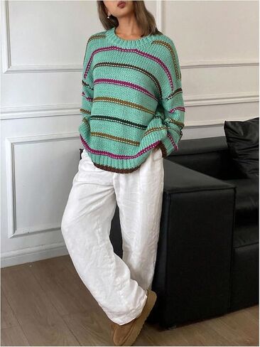 Women's Striped Sweater Crew Neck Long Sleeve Oversized Knitted Pullover Jumper Tops in Saudi Arabia