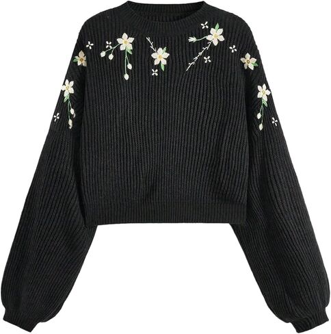 SHENHE Women's Crew Neck Floral Embroidered Sweater Lantern Sleeve Knit Cottagecore Pullover in Saudi Arabia
