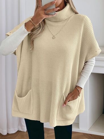 Women Fall High Neck Cap Sleeve Loose Fitting Pullover Causal Fashion Solid Sweaters Pockets in Saudi Arabia