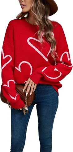 Valentines Sweater for Women Oversized Heart Print Color Block Knitted Pullover Sweater Cute Love Graphic Tops 2026 in Kuwait