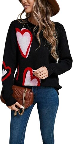 Valentines Sweater for Women Oversized Heart Print Color Block Knitted Pullover Sweater Cute Love Graphic Tops 2026 in Saudi Arabia