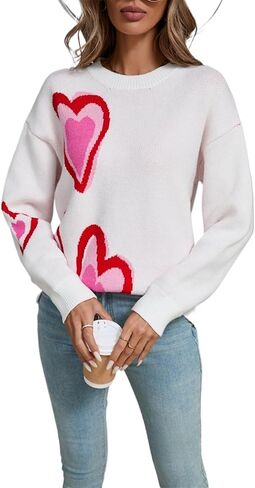 Valentines Sweater for Women Oversized Heart Print Color Block Knitted Pullover Sweater Cute Love Graphic Tops 2026 in Saudi Arabia