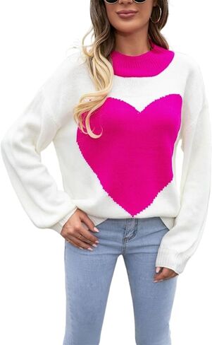 Valentines Sweater for Women Oversized Heart Print Color Block Knitted Pullover Sweater Cute Love Graphic Tops 2026 in Saudi Arabia