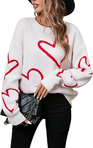 Valentines Sweater for Women Oversized Heart Print Color Block Knitted Pullover Sweater Cute Love Graphic Tops 2026 in Saudi Arabia
