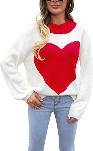 Valentines Sweater for Women Oversized Heart Print Color Block Knitted Pullover Sweater Cute Love Graphic Tops 2026 in Saudi Arabia