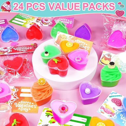 28 Pack Valentines Heart Cup Butter Slime with 7 Style Charms Valentine Cards, Soft Non Sticky Slime Fidget Toys Valentines Classroom Exchange Girls Boys Party Favor in Kuwait