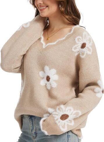 سترة نسائية منسوجة بالزهور برقبة على شكل حرف V، بلوفر ناعم بأكمام طويلة مع زخرفة صدفية كاجوال عصرية in Kuwait