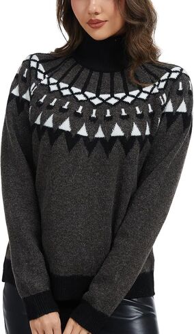 Womens Lightweight Vintage Fair Isle Sweater Long Sleeve Turtleneck Knitted Pullover Tops in Kuwait