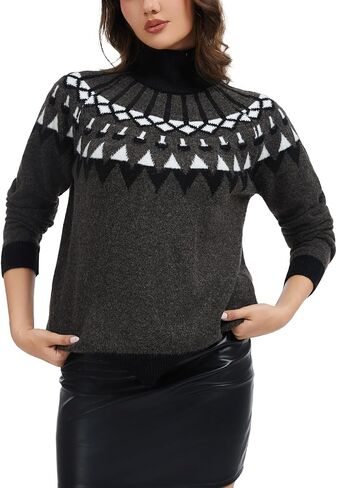 سترة نسائية خفيفة الوزن من Fair Isle بأكمام طويلة وياقة مدورة محبوكة in Kuwait
