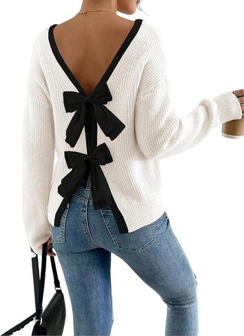 Women's Off The Shoulder Pullover Bow Ribbed Knit Sweater Cute Crew Neck Long Sleeve Trendy Cozy Sweaters in Saudi Arabia